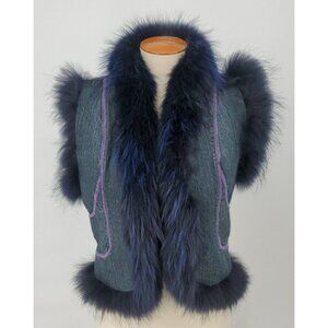 Dino Gaspari Designer Blue Denim Blue Fur Trim Lined Vest Size Small  BEAUTIFUL